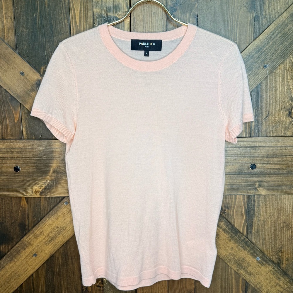 PAULE KA light pink 100% wool knit short-sleeved crew neckline sweater size M